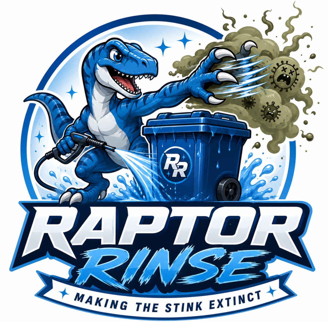 Raptor Rinse logo: a raptor cleaning a garbage bin, with the slogan Making the stink extinct.